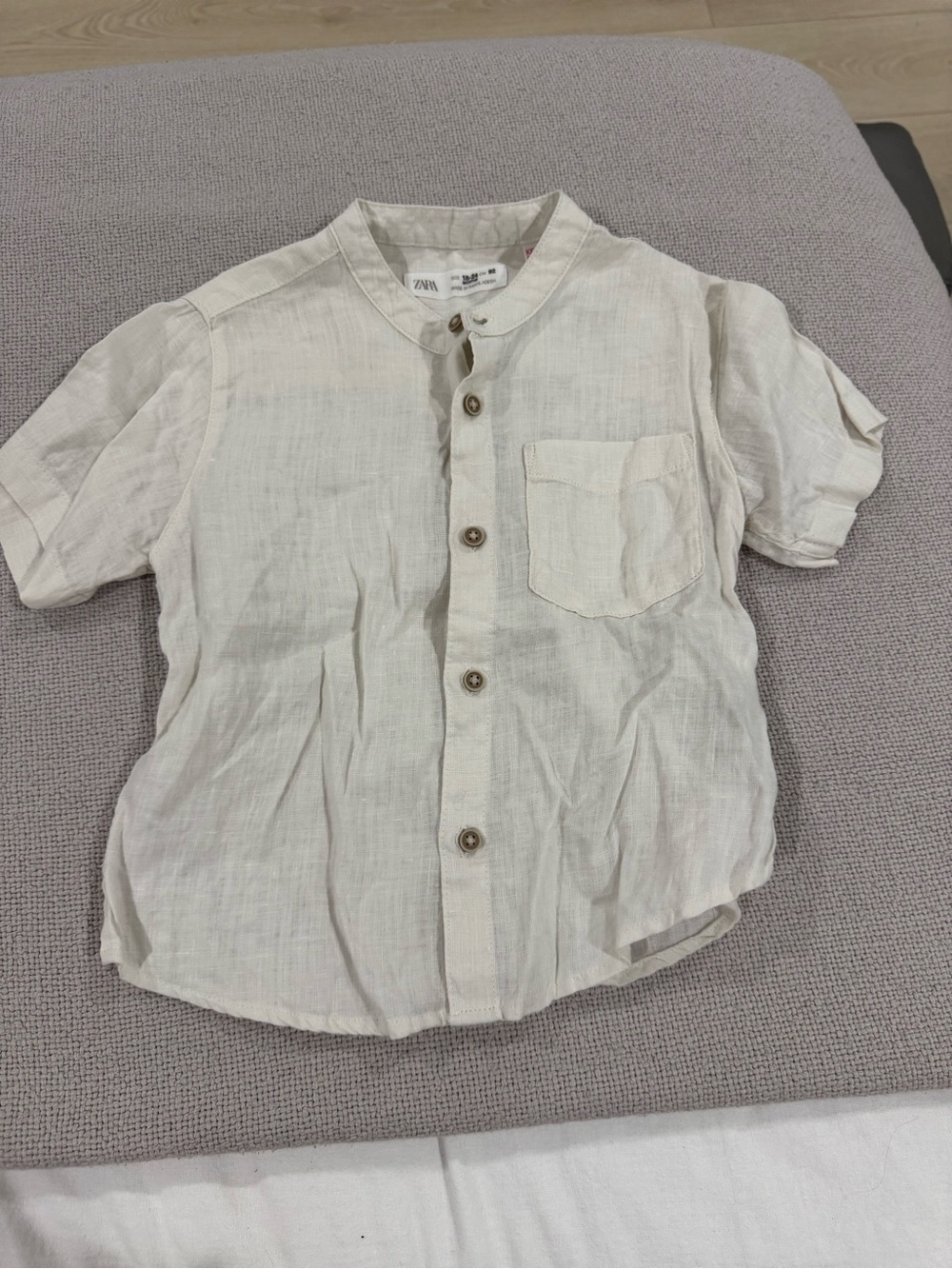 Zara Kids Cream Short-Sleeve Button-Down Shirt with Mandarin Collar
